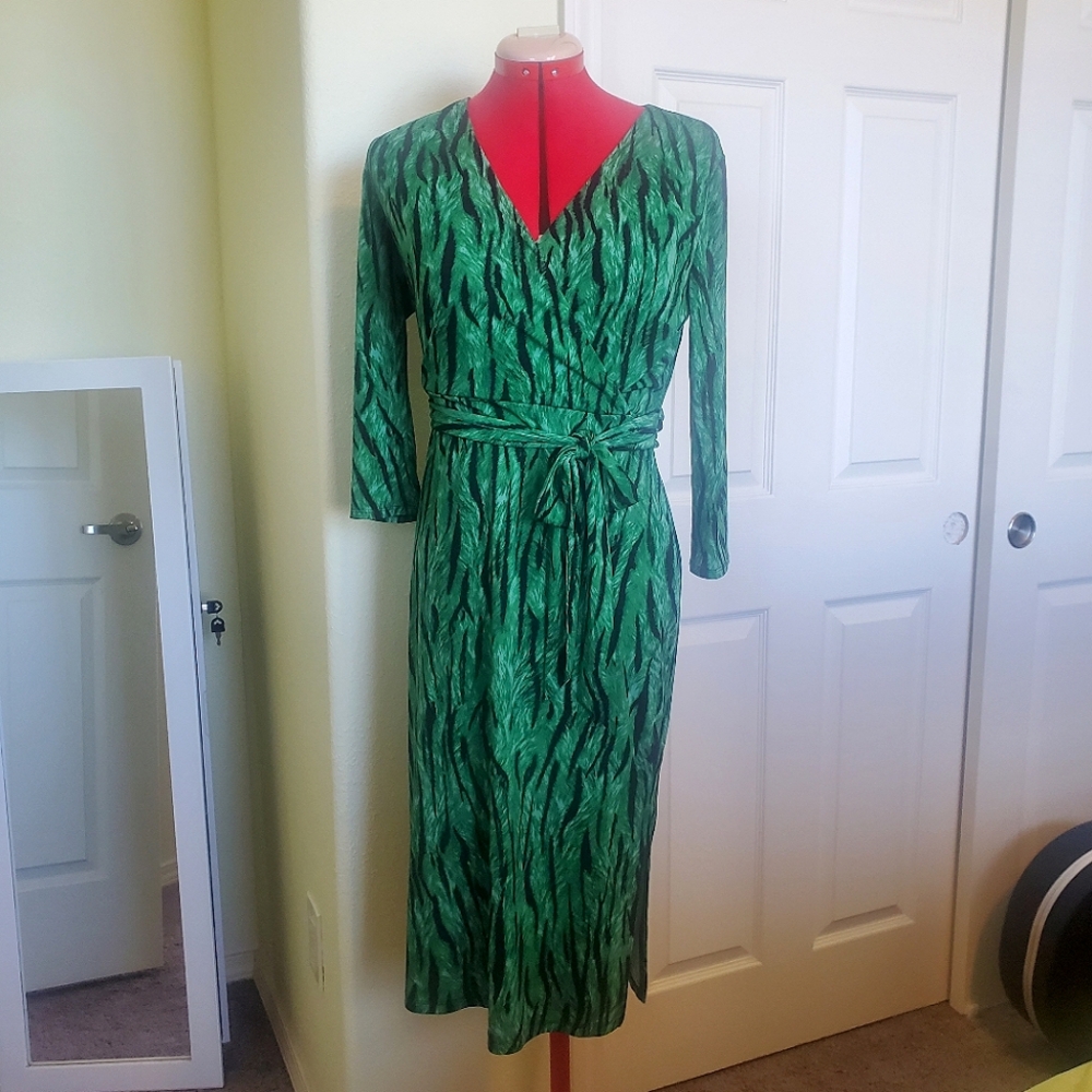 INC Green Tiger Print Faux Wrap Pencil Dress